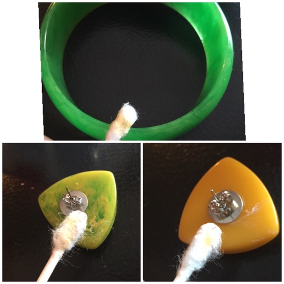 Vintage Butterscotch and  Green Bakelite Earrings and Bangle Bracelet Lot - Picture 2 of 8